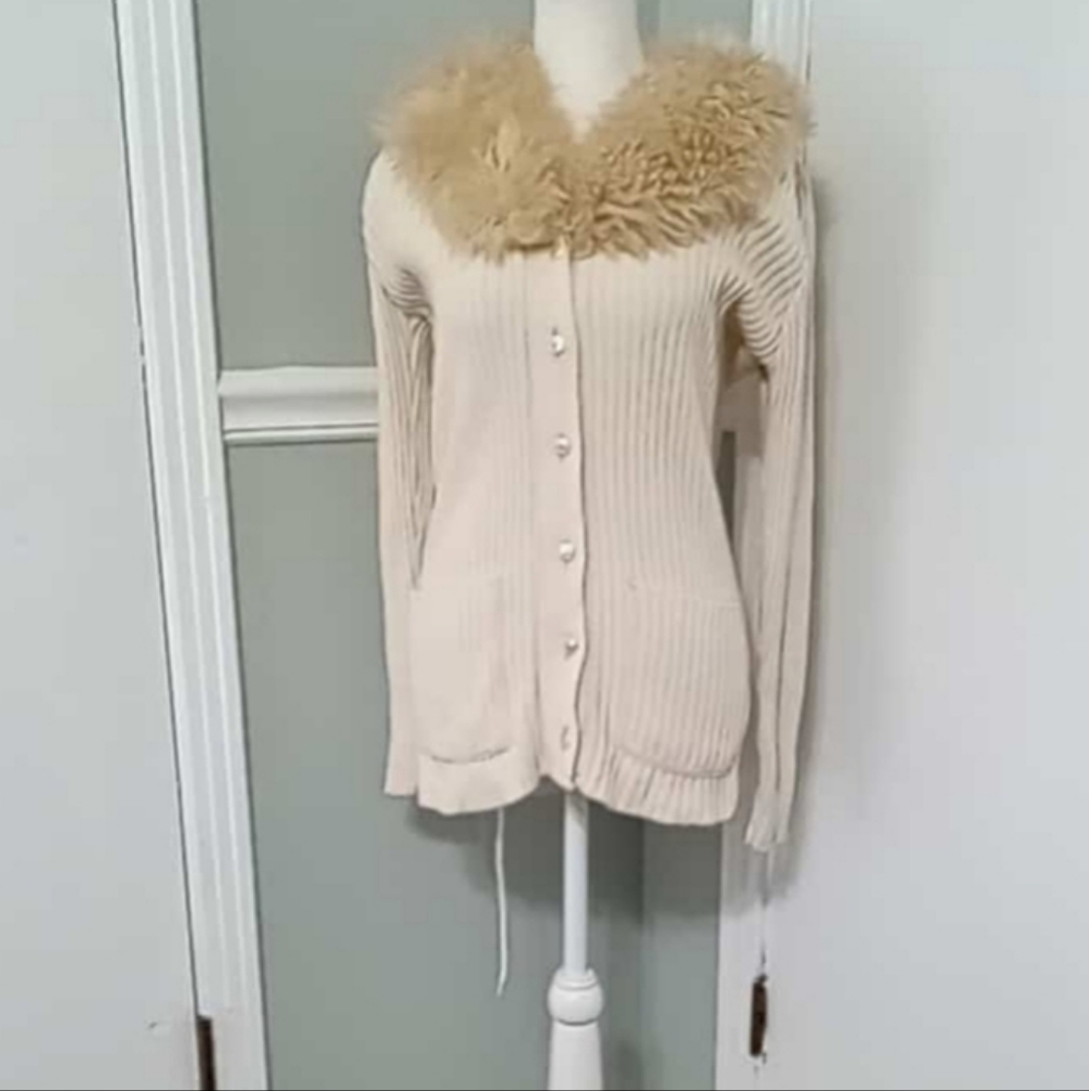 Vintage 1960s 1970s Penny Lane Style Faux Fur Collar Cardigan